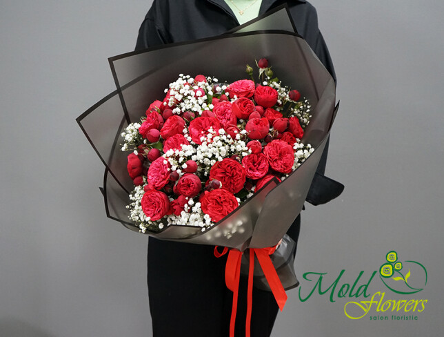 Bouquet of red peony roses and white gypsophila photo